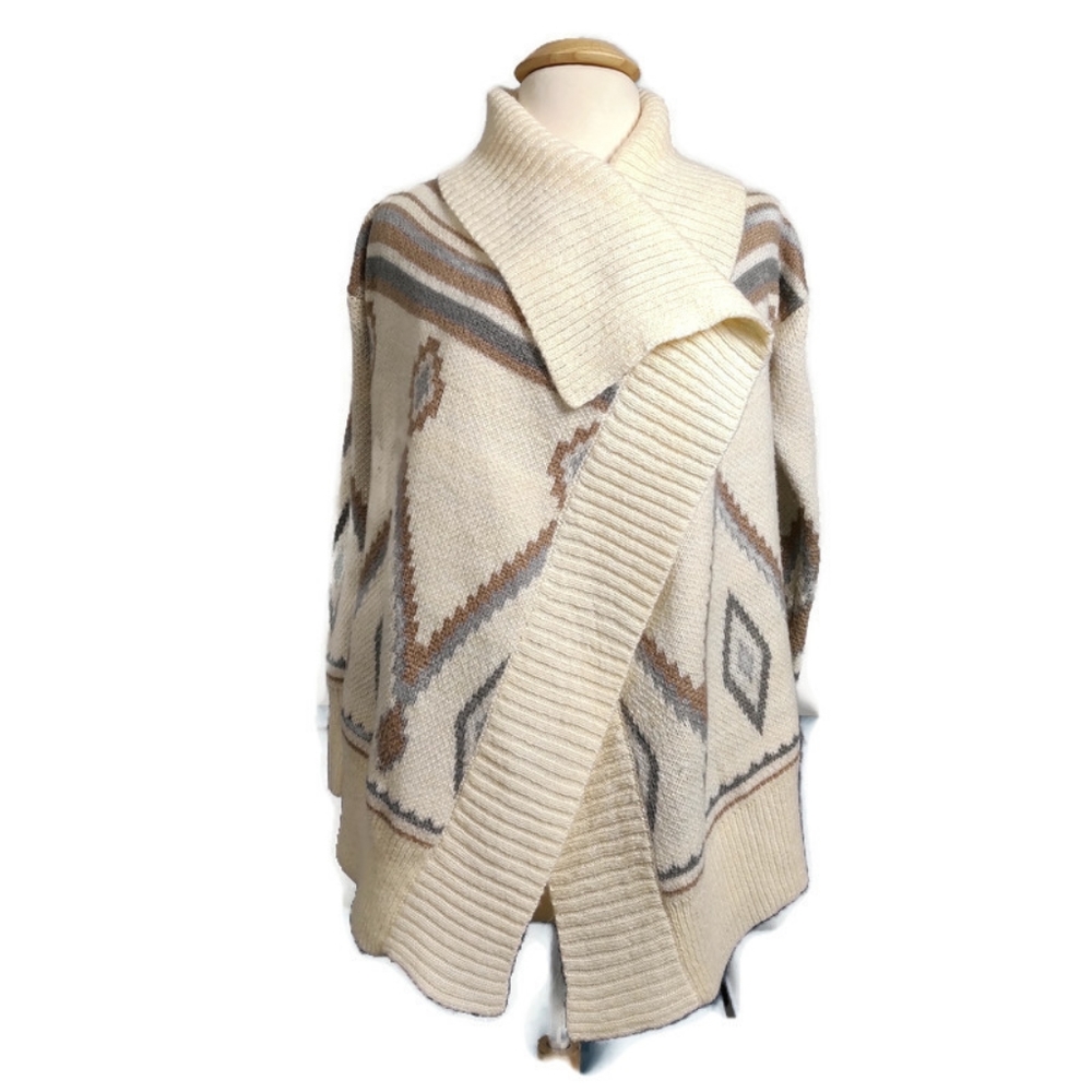 Roxy Oversized Chunky Knit Cardigan Southwest Wide Collar Sweater Cream Small